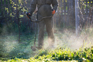 Naklejka premium Lawn mover on green grass. Machine for cutting lawns.