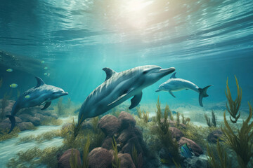 Fototapeta na wymiar A pod of playful bottlenose dolphins gracefully swim through the ocean on World Oceans Day, reminding us of the need for conservation and preservation of our precious aquatic wildlife. AI Generative