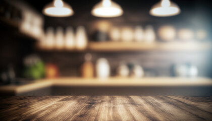 Empty wooden table and blurred background of kitchen interior