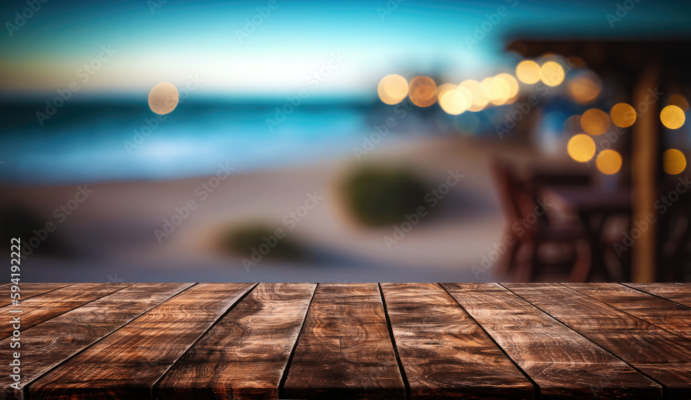 Aufkleber empty wooden table and blurred background of beach cafe with bokeh lights
