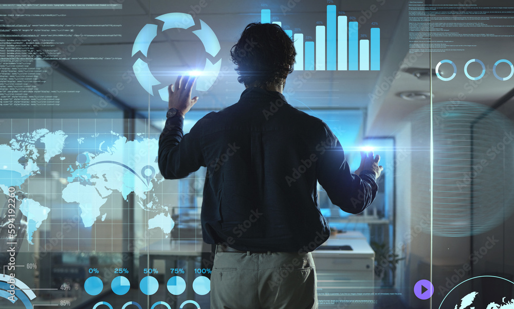 Poster business man, touchscreen and hologram of digital network, global data analytics and information tec