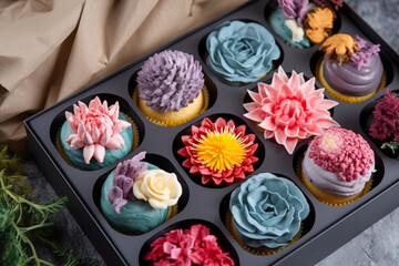 Obraz na płótnie Canvas Tasty cupcakes in the box. Super photo realistic background, generative ai illustration