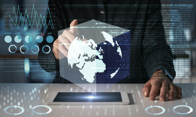 Hands, touch world and tablet hologram with digital overlay for global technology, statistics and graphs. 3d, globe and business man with touchscreen for futuristic earth, planet or cube with data.