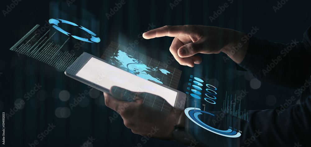 Aufkleber Hand of person, tablet or hologram of digital, information technology, data analytics or global statistics. Futuristic, man or user typing on holographic iot dashboard overlay for networking at night