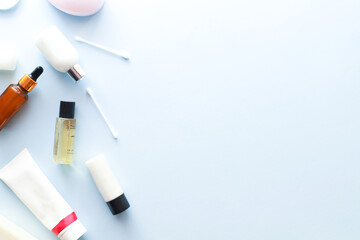 .Flat lay spa on blue background