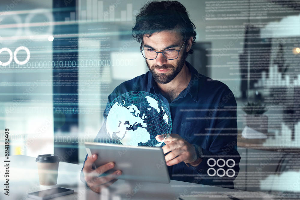 Poster business man, globe and tablet hologram with digital overlay for global technology, statistics and g