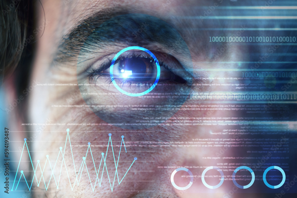 Poster Futuristic, holographic or man with eye scan in digital cybersecurity technology for identity database. Biometric laser, ai innovation or zoom of light for system recognition or verification sensor