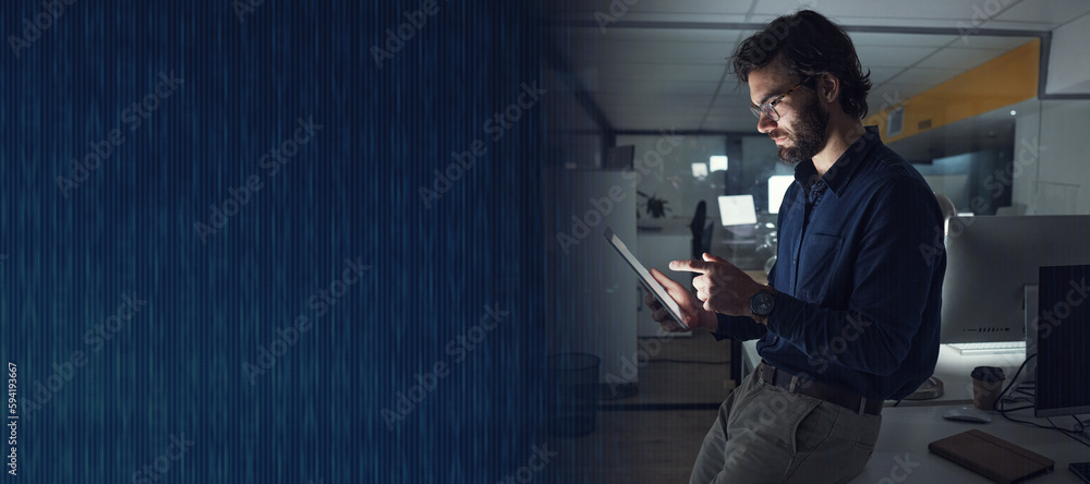 Aufkleber night, mockup or businessman with tablet to search digital technology, data analytics or global news