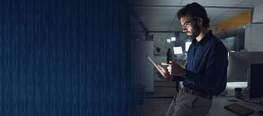 Night, mockup or businessman with tablet to search digital technology, data analytics or global news. Space, entrepreneur or focused person typing on iot dashboard or networking online in dark office