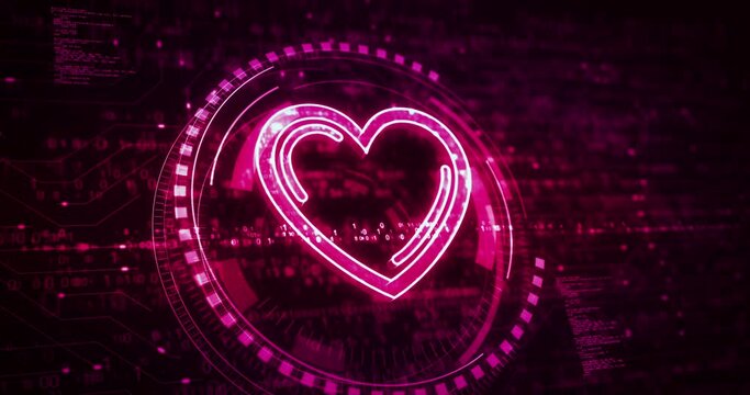 Heart love health ai tech code and cyber dating symbol digital concept. Network, cyber technology and computer background abstract 3d animation.