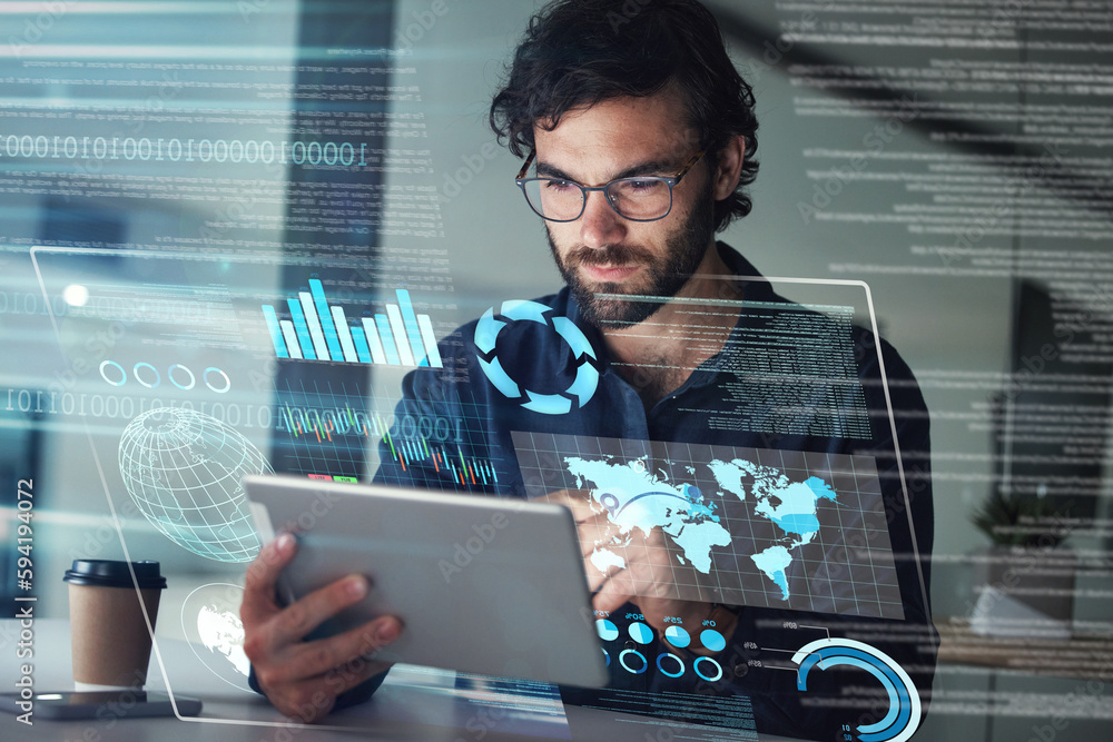 Poster business man, data and tablet hologram with digital overlay for tech, statistics or stock market. 3d