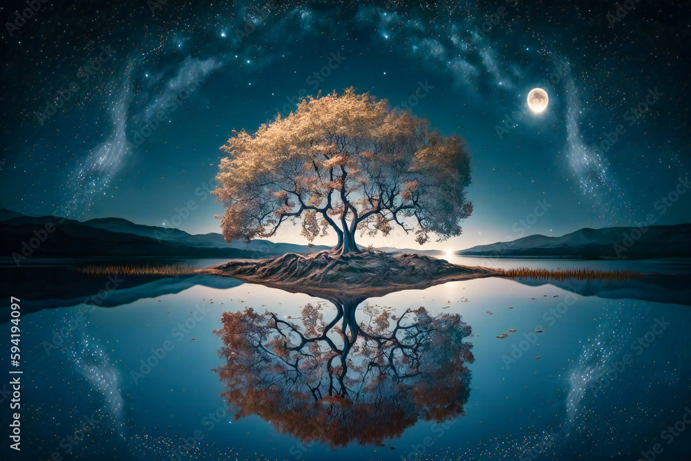 Poster illustration of a lone tree reflected in a lake in the nigh with a starry sky in background. created