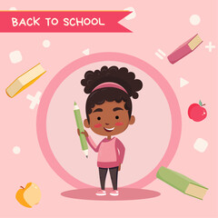 Postcard back to school (school admission) with a little girl on pink background standing with a pencil. Can be used for flyers, banners.