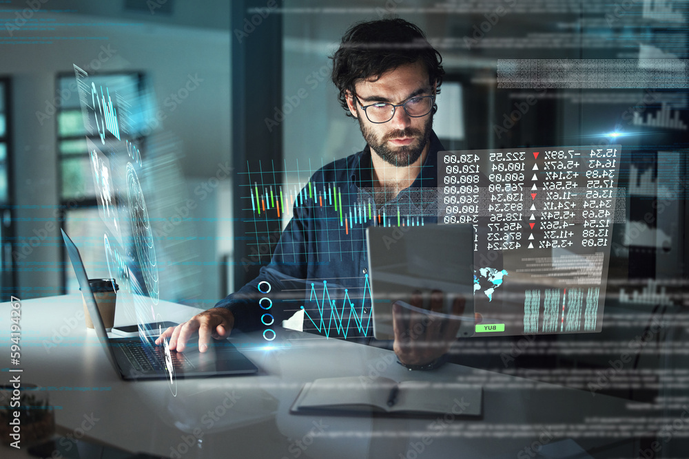 Poster digital, night and a businessman with technology for the stock market, finance analysis and research