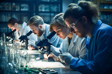 Fototapeta premium Young scientists or students in a lab. Created with Generative AI technology.