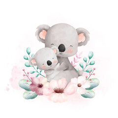 Watercolor illustration Cute mom and baby koala with flower wreath © Stella