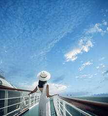Cruise holiday, elegant woman portrait smiling on cruise ship deck, copy space on blue sky. Generative AI - obrazy, fototapety, plakaty