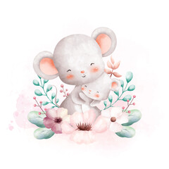 Watercolor illustration Cute mom and baby mouse with flower wreath