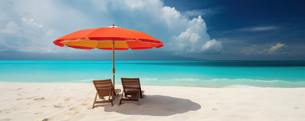 Take a break and enjoy the stunning view of white sand beach with beach chairs and an umbrella, set against a beautiful blue sky and ocean. Perfect for vacation and relaxation concepts. AI Generative.