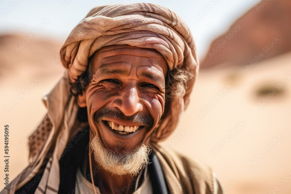 Poster a portrait of a smiling old muslim. created with generative ai technology.