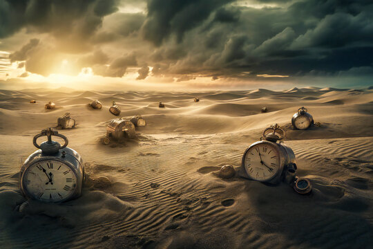 Old clocks on desert dunes at sunset. Surreal time metaphor composition. Time related concept. Created with Generative AI technology.