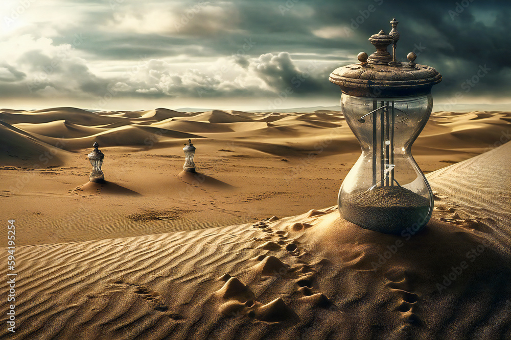 Poster old hour glasses on desert dunes at sunset. surreal time metaphor composition. time related concept.