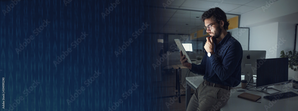 Poster night, mockup or thinking businessman with tablet for global news, digital technology or data analyt