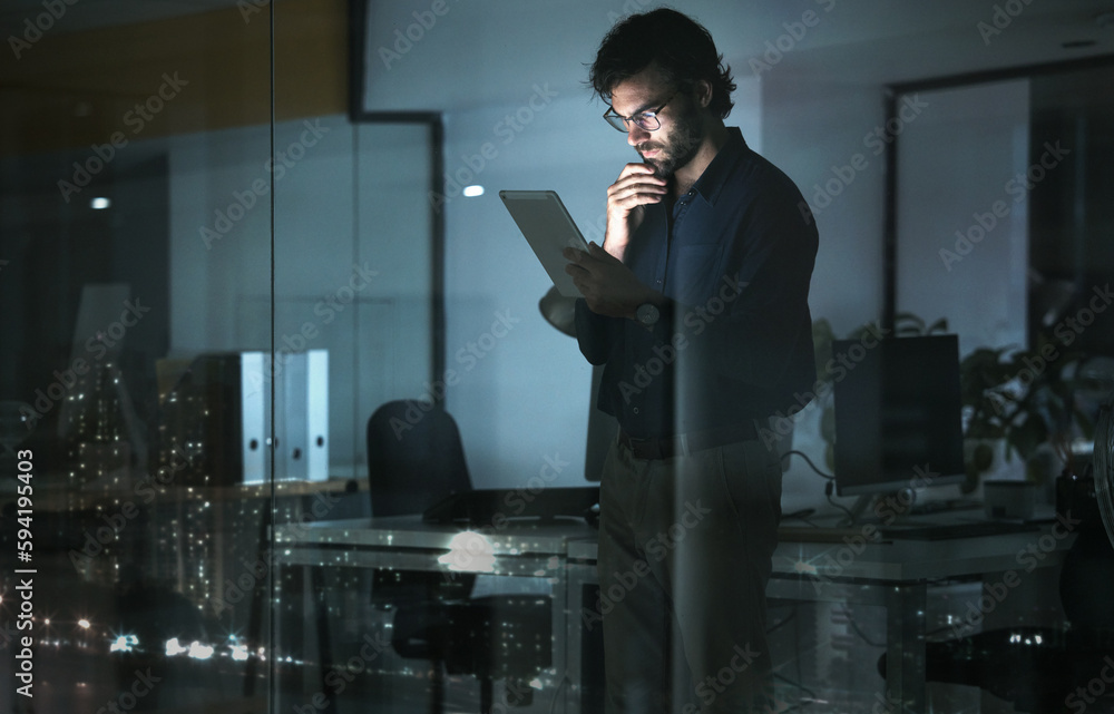 Poster Business man, tablet and thinking in office, problem solving or looking for solution by window with city lights at night. Technology, idea and professional person with touchscreen to focus on reading