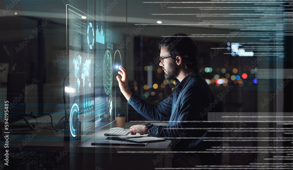 Poster Computer, hologram and touchscreen of business man with data analysis, digital coding and programming at night. holographic, software overlay of IT person, information technology research and desktop