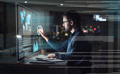 Computer screen, hologram and business man with digital data analysis, global coding and programming at night. holographic, software overlay of IT person, information technology research and desktop