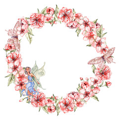 Spring flowers wreath. Watercolor illustration for scrapbooking, cards, backgrounds. Cartoon hand drawn background with summer flower for kids design. Perfect for wedding invitation.