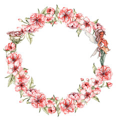 Spring flowers wreath. Watercolor illustration for scrapbooking, cards, backgrounds. Cartoon hand drawn background with summer flower for kids design. Perfect for wedding invitation.