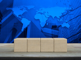 Four block cubes on wooden table over world map, modern office city tower and skyscraper, Elements...