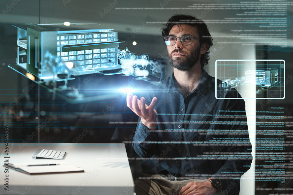 Fototapete Business man, architecture and design hologram in data analysis, focus and digital overlay for building at night. Engineering, cyber software and holographic of person palm in 3d development research