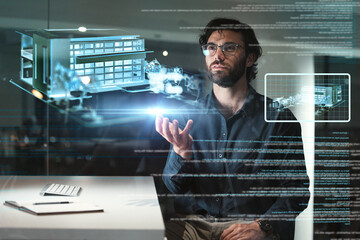 Business man, architecture and design hologram in data analysis, focus and digital overlay for...