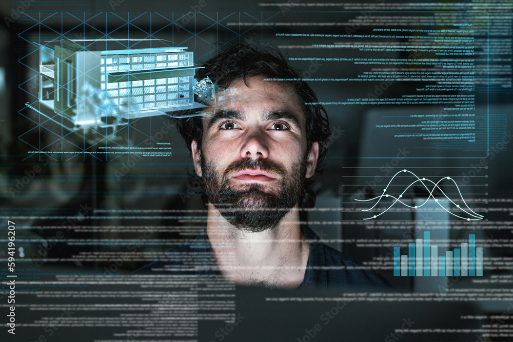 Leinwandbilder Architecture, hologram and business man with data analytics, focus and overlay for digital solution at night. Engineering, coding software and holographic screen of person in cyber security research