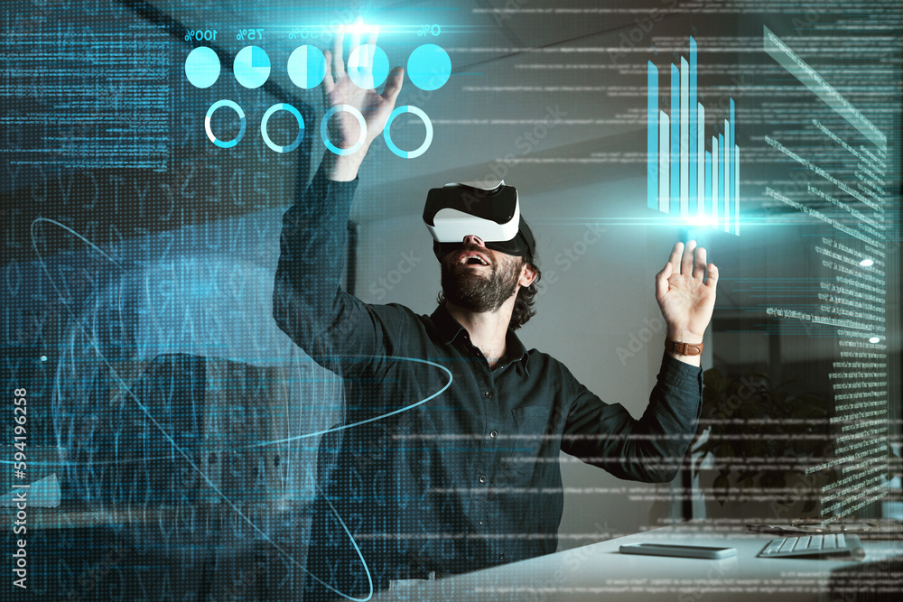 Poster virtual reality, business man and 3d graphs for working on statistics, data or hologram at night. me