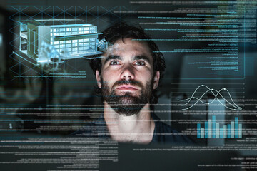 Architecture, hologram and business man with data analytics, focus and overlay for digital solution at night. Engineering, coding software and holographic screen of person in cyber security research