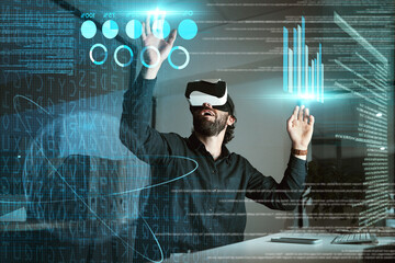Virtual reality, business man and 3d graphs for working on statistics, data or hologram at night. Metaverse, vr and professional person with futuristic technology with charts, analytics and overlay.