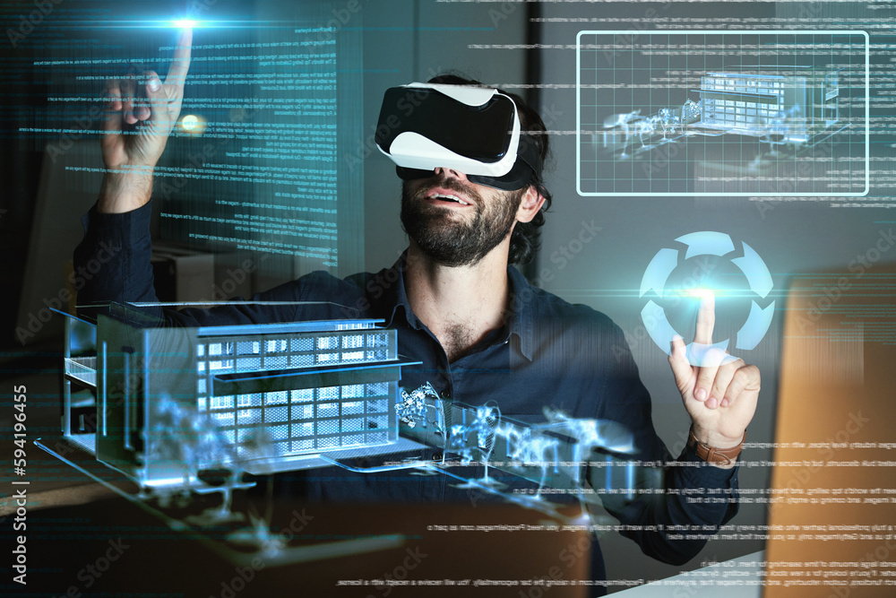 Poster virtual reality, architecture and man with 3d model for working on design or building hologram at ni