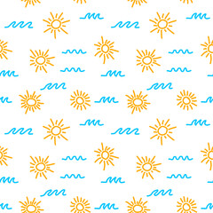 Sun and sea waves doodle seamless pattern