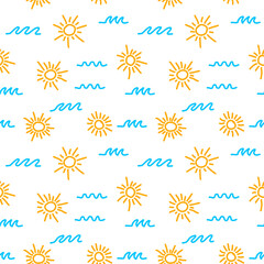 Sun and sea waves doodle seamless pattern