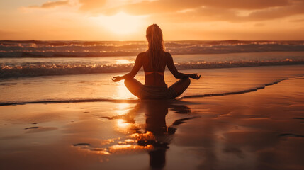 Fototapeta premium Woman practicing yoga on the beach at sunset. generative ai.