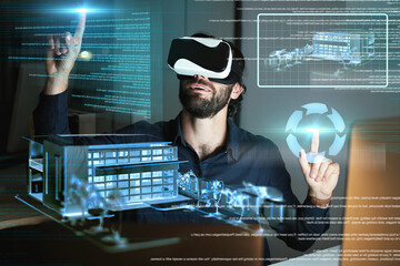 Virtual reality, architecture and man with 3d model for working on design or building hologram at...