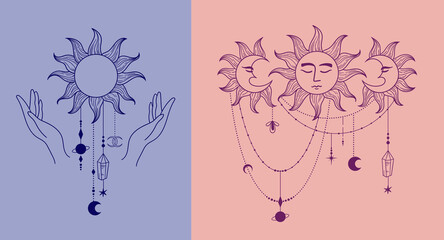 Mysticism vector isolated clip art, Celestial logo template, sun with face and witches hands symbols or icons, mystical cosmic fantasy objects isolated illustrations pack