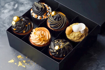 Tasty cupcakes in the box. Super photo realistic background, generative ai illustration