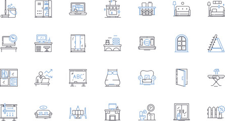 Furnishings line icons collection. Sofas, Chairs, Tables, Beds, Dressers, Bookcases, Ottomans vector and linear illustration. Recliners,Lamps,Cabinets outline signs set