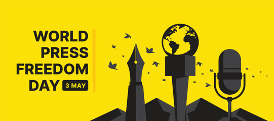 World Press Freedom Day - Black globe world microphone pen and microphone record on mountain with birds freedom flying around on yellow background vector design © ananaline