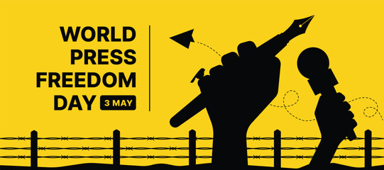 World Press Freedom Day - Black silhouette hands hole pen and microphone on the barbed wire and flying paper rocket around on yellow background vector design - Powered by Adobe