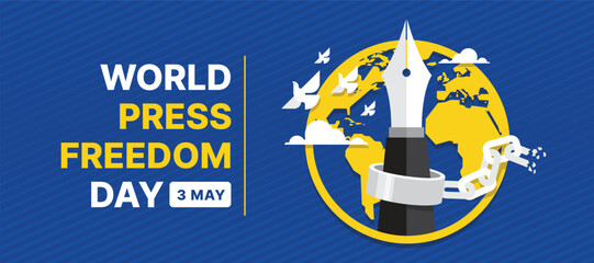 World Press Freedom Day - Pen with and chain broken and white birds freedom flying to sky in yellow globe world sign on stripe blue background vector design